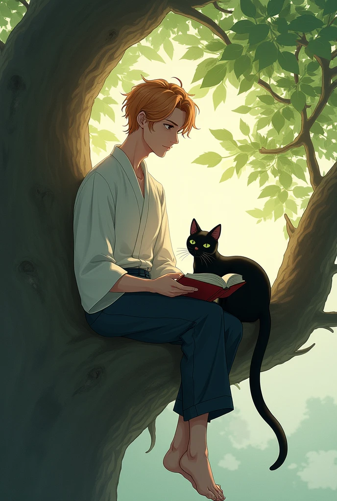 Japanese beautiful man with short bright hair and dark eyes, sat on a tree with a black cat on his laps. He is reading a book 