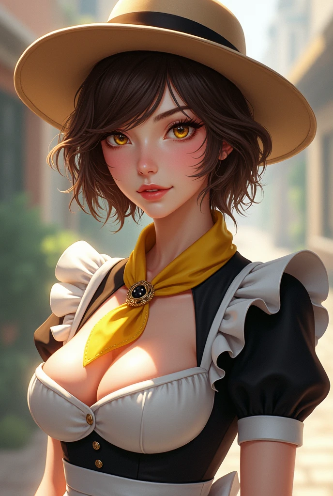 Clover is a human sexy hottest adult women in the world of fair complexion and short brown hair. Official art portrays Clover with yellow irises.
Clover wears a maid costume colored black and white, presumably denim, They wear a pair of brown shoes and a light brown cowboy hat with a dark brown hatband. Around their neck, Clover sports a yellow bandana with maid costume dot pattern (though some official art depicts it as a checkered blue and yellow bandana and handed a gun he is dressing maid costume