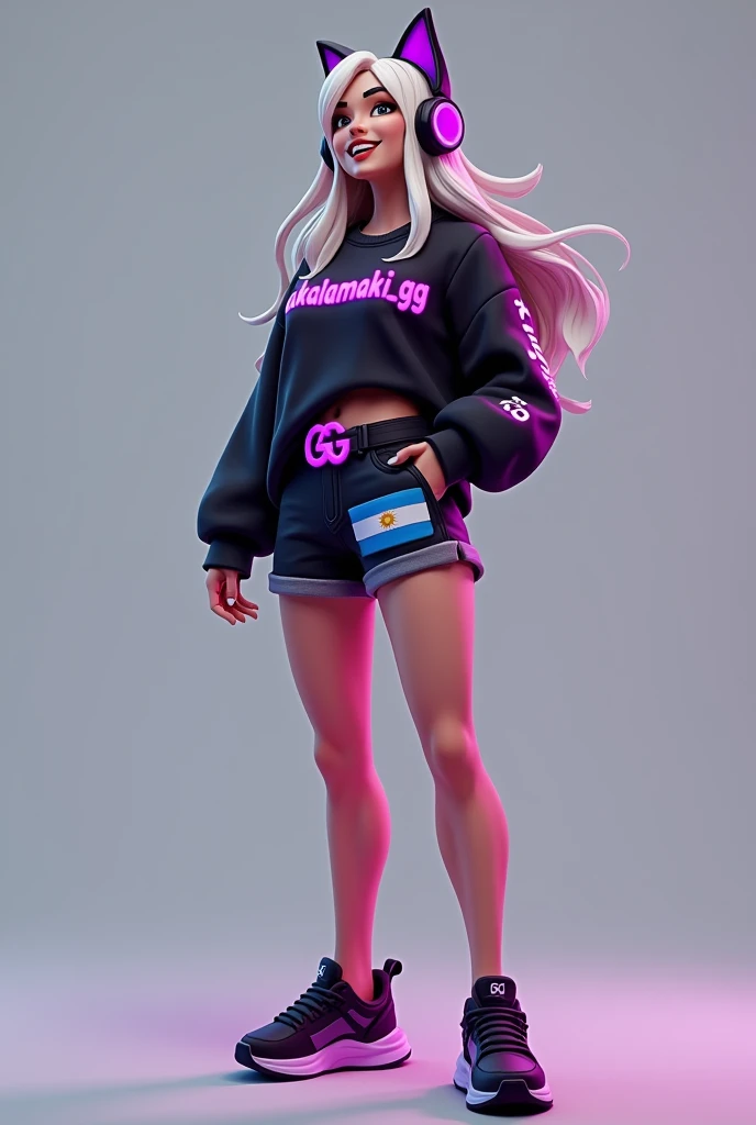 Fortnite Skins, Whole body, White woman, with black sweater and engraved with the name CukaLaMaki_GG in neon purple, shorts with a small Argentine flag original color, with neon purple belt and GG-shaped buckle, Women&#39;s tennis shoes in black with neon purple, with gamer headphones with black cat ears with neon purple, Long hair, laughing and silvery