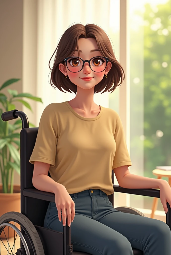 Brown short haired girl with glasses and a wheelchair