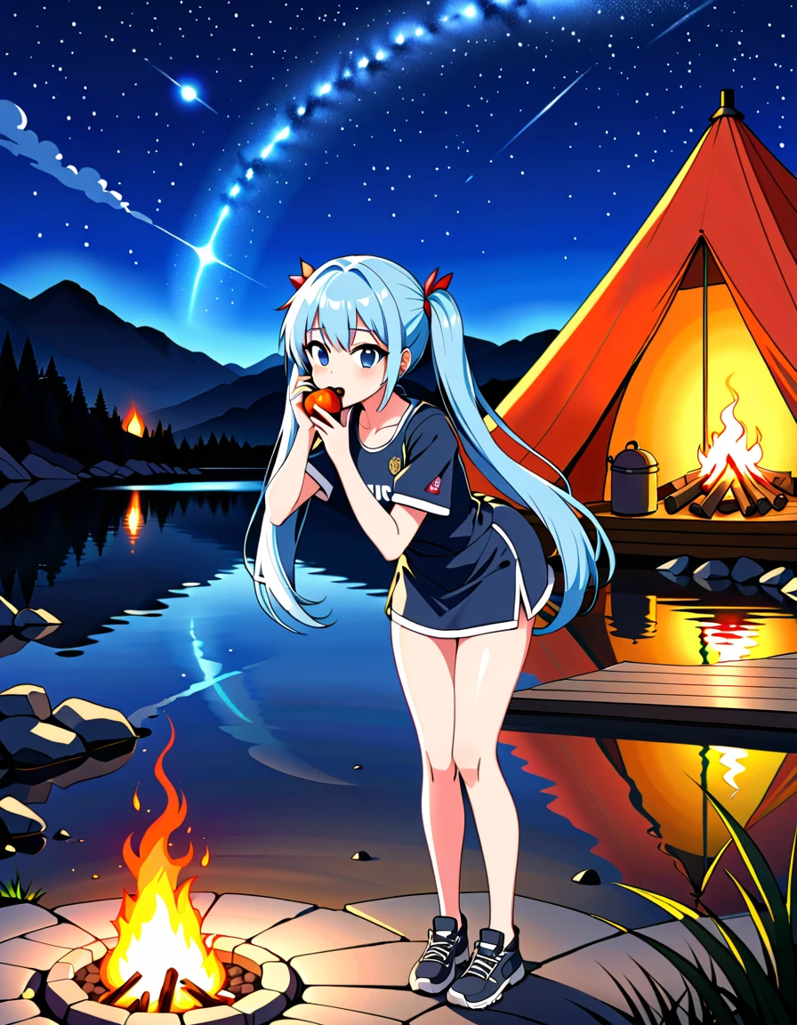 (high quality, 8k, 4K, High Contrast, masterpiece:1.2, 最high quality, Best aesthetics), campfire, night lakeside, Tents and camping equipment, Firefighter, A person stuffing food into their mouth, Beautiful girl standing next to a tent、Light blue long hair、Twin tails、smile, Look up at the starry sky, Fun time, Soft bonfire light, Best memories,