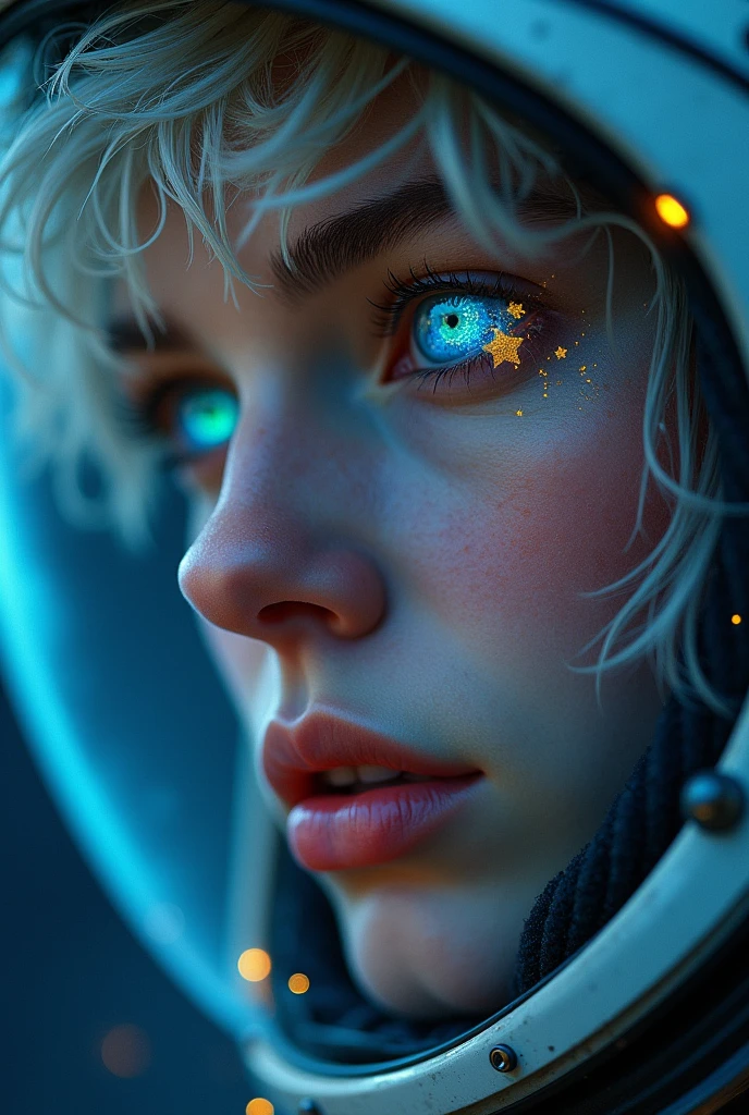 (Close-up of a better masterpiece:1.5)0.9], (Space and astronauts:1.2) (Messy silver hair:1.1) (Heterochromia xanthochromia and blue eyes:1.2) (Space Helmet:1.0) (Colored stars in the eyes:1.0) (A radiant glow:1.1) (thick lips:0.9)