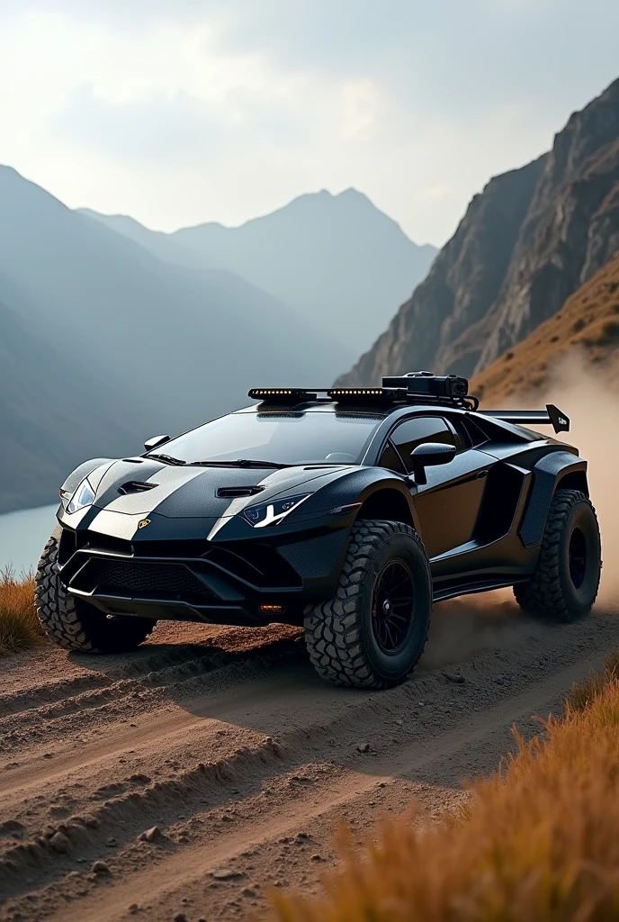 black lamborghini with rally bodykit very wide for any terrain, 4K