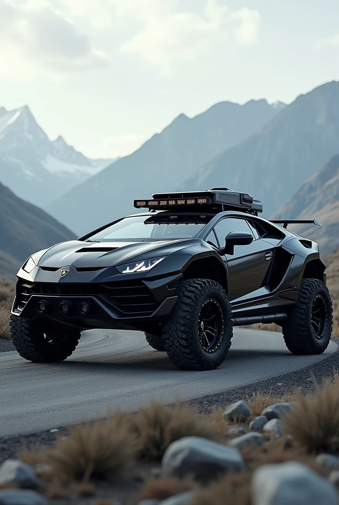 black lamborghini with rally bodykit very wide for any terrain, 4K