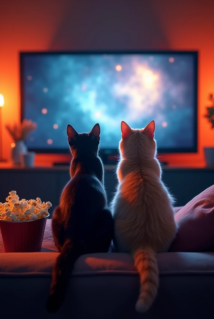 image of two different cats sitting on the couch looking directly at a tv, side view showing the screen on one side and the sofa on the other, popcorn bucket, movie theater lighting, looking at screen, movie playing, eating popcorn, amazement and surprise, 4k photo, photographic style