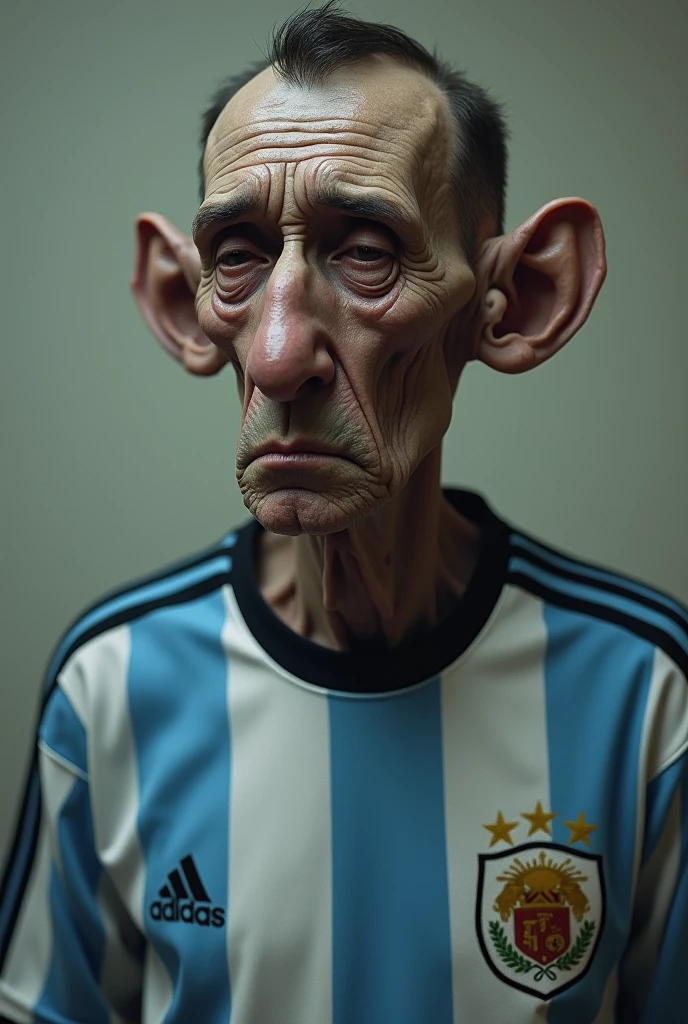 Very sad skinny man with big nose wearing Argentina shirt