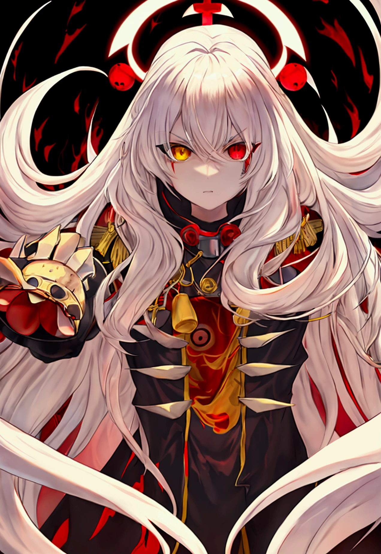 Anime girl, long hair, white hair, yellow front hair, red eyes, yellow eyes, heterochromia, black hood, wearing hood, sexy, hot, white coat, red shirt, red pants, looking at the viewer, human, crown, omnipotent, red stripes, red cross, symbols