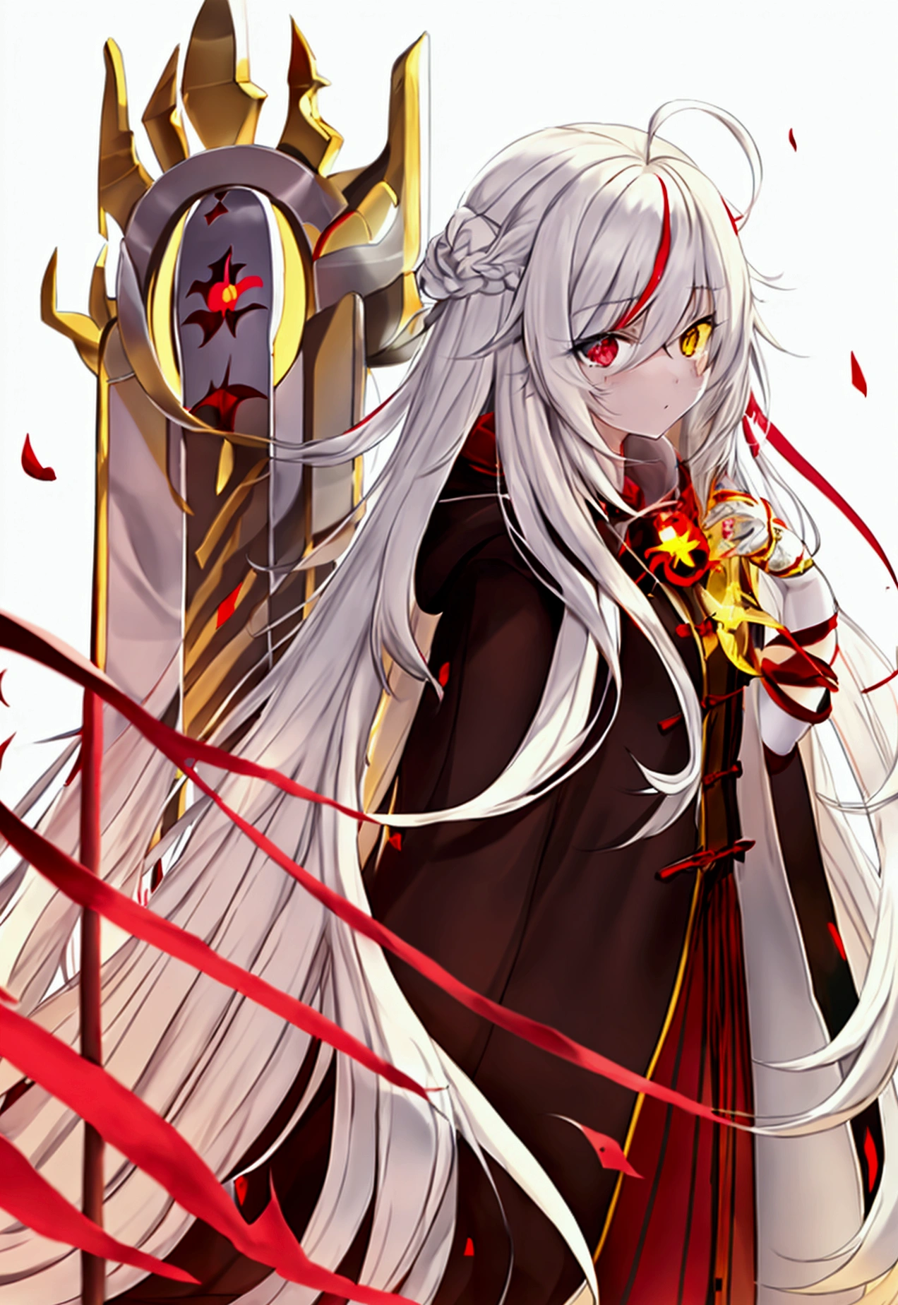 Anime girl, long hair, white hair, yellow front hair, red eyes, yellow eyes, heterochromia, black hood, wearing hood, sexy, hot, white coat, red shirt, red pants, looking at the viewer, human, crown, omnipotent, red stripes, red cross, symbols