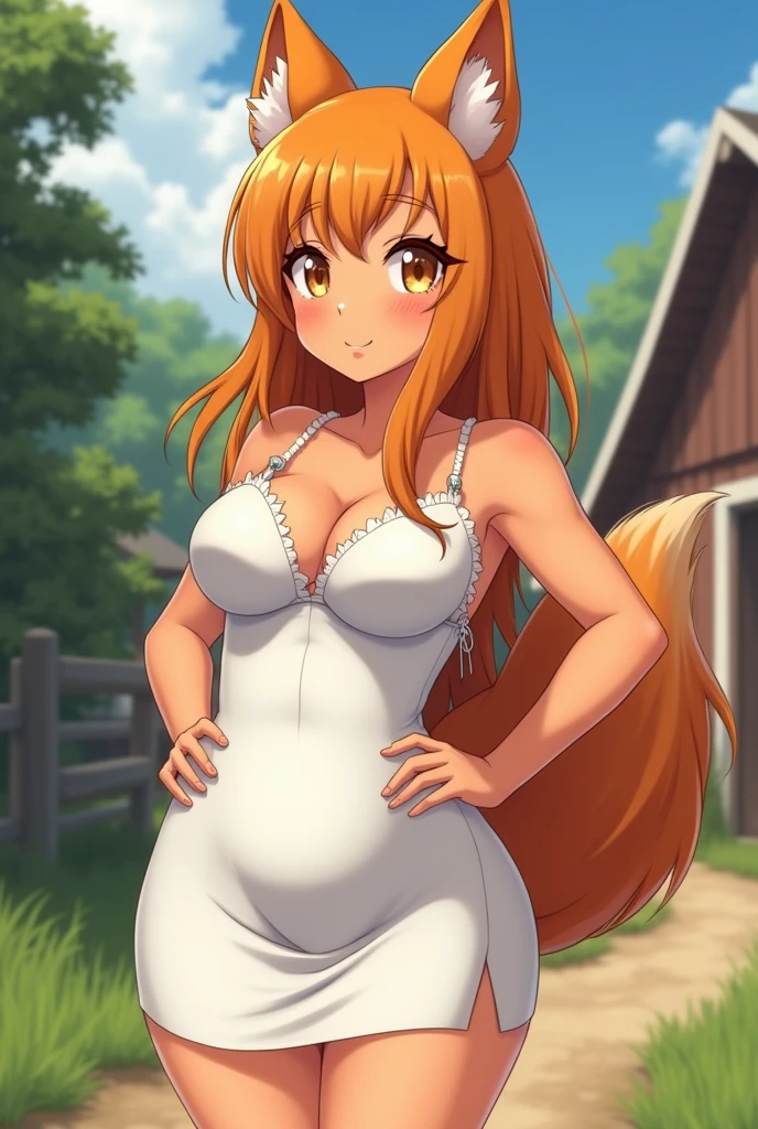 Furry female laranja, curvy body, wearing a tight mini white dress, farm, closeup, anime Otome style