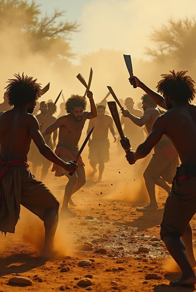Millions of People fight among each other using machete at the drought river over gold nugget