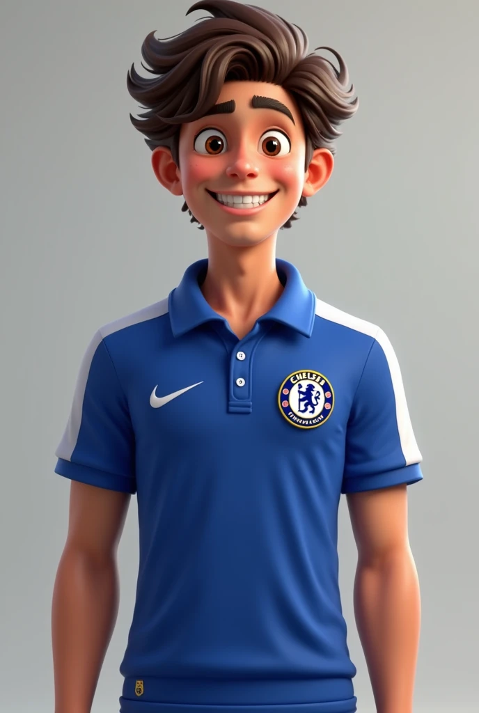 Smiling player wearing chelsea polo shirt with white sleeves,brown with curly hair 