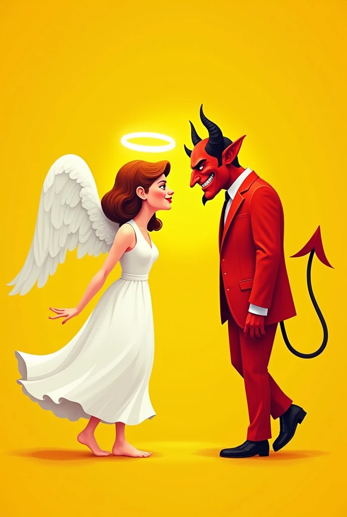 mischievous angel and devil, the angel in a white dress with a halo, leaning over the devil who is in a red suit and has horns. The background is a solid yellow color. The angel and devil are looking at each other with playful expressions.
