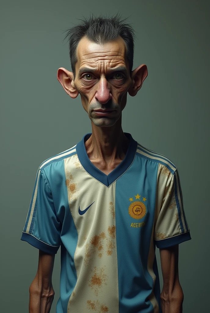 Very sad skinny man with big nose wearing Argentina shirt 