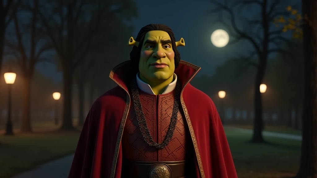 DVD screengrab, from 1967 film, photorealistic Lord Farquaad from Shrek in a realistic manner, dressed in ornate red royal attire with a flowing cape. He has a square jaw, short stature, and a stern expression. Standing alone in a dimly lit park at night, the faint moonlight accentuates the rich texture of his clothing. His face should be clear and detailed, with a realistic human appearance. The overall style is a DVD screengrab, from 1982 grainy film, with low lighting. --ar 16:9