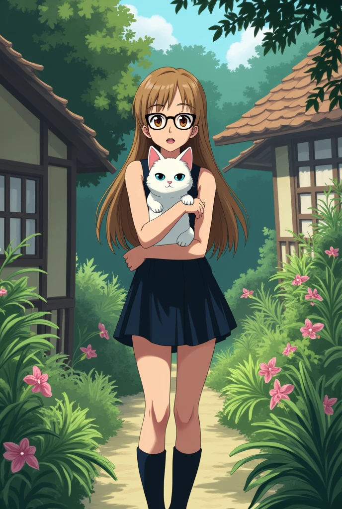 Woman of medium build, Brown eyes, long light brown hair, thick lips, black frame glasses, wearing a black skirt, a black tank top, with black knee-high boots and black sheer stockings, carrying a white cat with blue eyes, Hayao Miyazaki animation style on a house background with plants and orchids
