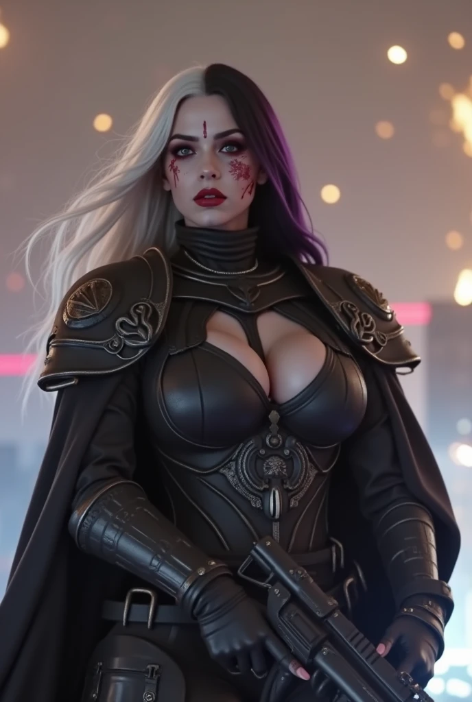 Full body pose sexy sisters of battle from the warhammer 40k, wounded in war, blood covered, shooting at the enemy, red space marine armor with intricate details, white space marine armor with intricate details, symbols on the armor, sisters of battle, warhammer 40k, Massive exposed silicone breast, pale skin, seductive, temptation, eat your soul, clevage, long white flowing hair, long black flowing hair with purple highlights, heavy gothic makeup, at night, neon, beautiful detailed eyes, beautiful detailed lips, extremely detailed eyes and face, long eyelashes, highly detailed space marine armor, intricate futuristic laser weaponry, dramatic lighting, cinematic composition, muted color palette, gritty and realistic, mecha, science fiction, hyper-detailed, photorealistic, award winning digital art, 8k, HDR, masters work, in the middle of a battle field, explosions and fire around, full war, stunning, cinematic, shooting at the enemy