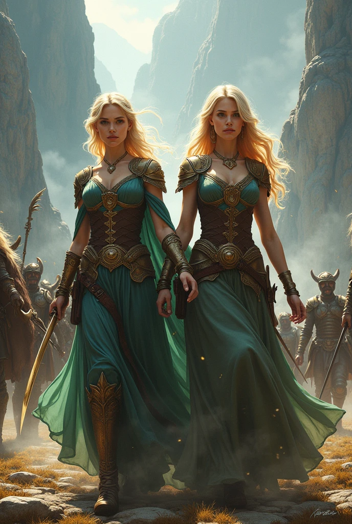 a beautiful detailed girl, 2 beautiful detailed girls, blond hair, leader, dragon hunter army behind the 2 girls, fantasy, epic, intricate and detailed art, digital painting, highly detailed, cinematic lighting, dramatic lighting, dynamic composition, vivid colours, fantasy landscape, magic, mystical, ethereal