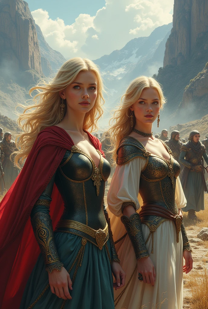 a beautiful detailed girl, 2 beautiful detailed girls, blond hair, leader, dragon hunter army behind the 2 girls, fantasy, epic, intricate and detailed art, digital painting, highly detailed, cinematic lighting, dramatic lighting, dynamic composition, vivid colours, fantasy landscape, magic, mystical, ethereal