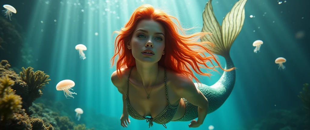 closeup, She is the most beautiful of all mermaids with a perfect body and red colored hair, ELA ESTÁ NADANDO EM MINHA DIREÇÃO, there is a school of jellyfish, It is an ocean full of colorful and diverse corals, clear and transparent waters, she is wearing makeup, her skin is fair,PALE SKIN, She is a young and beautiful girl, your body is super attractive and has beautiful curves, your hair floats in the water giving a sensation of movement, from front view, backlighting, film grain, clair obscur, depth of field, cinematic lighting, 16K, super verbose, uhd, super resolution, intricate and sharp details, textured skin, award winning, (variety of colors:1.8), rays of sunlight, her hair is well lit by the sun, holographic colors, super vivid and saturated colors, OBJETOS PERTO DA CAMERA EM DESFOQUE, SUTIÃ DE CONCHAS DO MAR, DOWNBLOUSE, ELA TEM GRANDES E BELOS SEIOS, ELA TEM ENCANTADORES OLHOS AZUIS, ELA TEM UM BELO SORRISO E LABIOS PERFEITOS
