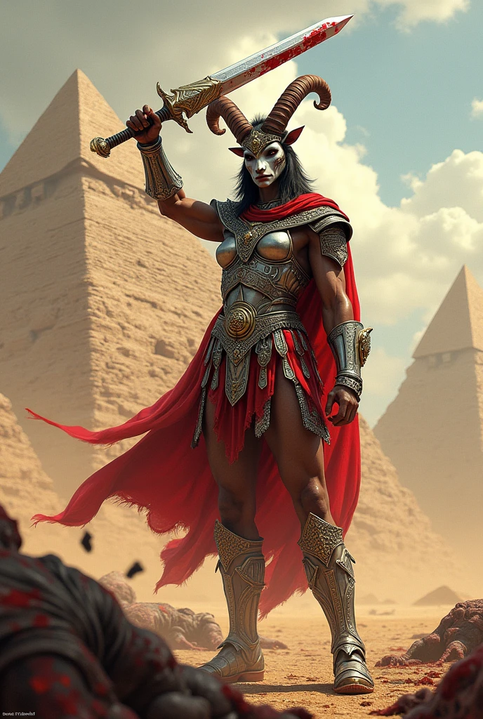 Create a goat-headed gladiator with a good physique and blood-stained Roman armor with a silver and gold sword. , diamond-encrusted armor . The background landscape is the desert with its pyramids and pile of bleeding dead people on the floor that this character left behind. , your name should be in front , her name is JAJULI .