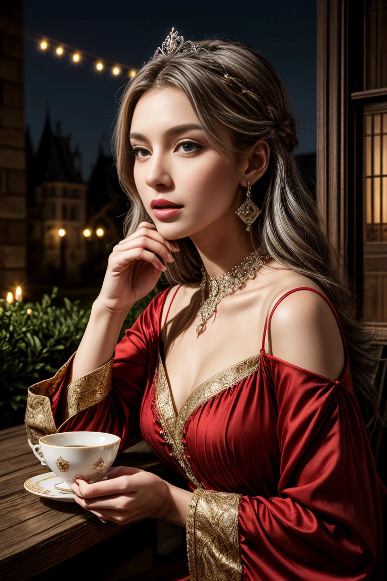 Gray Hair Woman, Gray Eyes, Royalty, Red sexy Dress, Red Jewelry, Red Earrings, Lunar, Nobility, Noblewoman, High Quality, Highly Detailed, Detailed Face, Masterpiece, Castle, Drinking Tea, Garden, Flowers, Lights