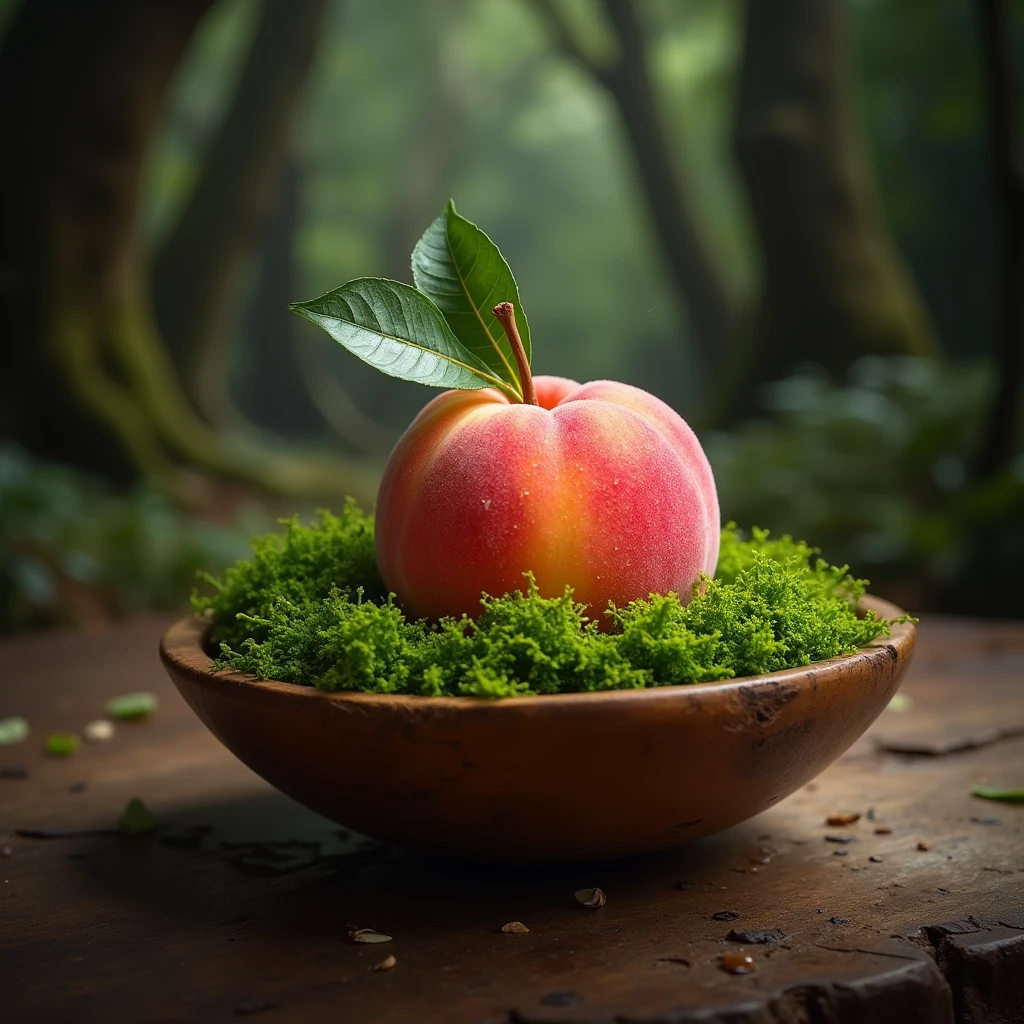 A rustic wooden bowl filled with lush moss and a single large, fresh honey peach, captured in a high quality culinary photography style. The scene is set against a backdrop of ancient forest, with a close-up of the plump peach, peach honey pink with dew drops glistening on its surface. The Peach, with two leaves still attached to its stem, nestles elegantly on the moss-covered wooden plate. soft, diffuse lighting and dark background enhance natural elegance, creating a visually striking atmosphere perfect for fine dining.
