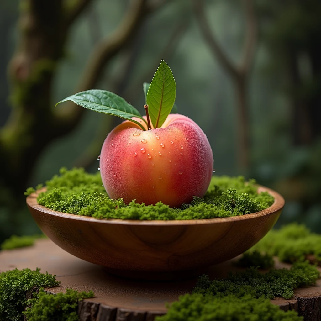 A rustic wooden bowl filled with lush moss and a single large, fresh honey peach, captured in a high quality culinary photography style. The scene is set against a backdrop of ancient forest, with a close-up of the plump peach, peach honey pink with dew drops glistening on its surface. The Peach, with two leaves still attached to its stem, nestles elegantly on the moss-covered wooden plate. soft, diffuse lighting and dark background enhance natural elegance, creating a visually striking atmosphere perfect for fine dining.