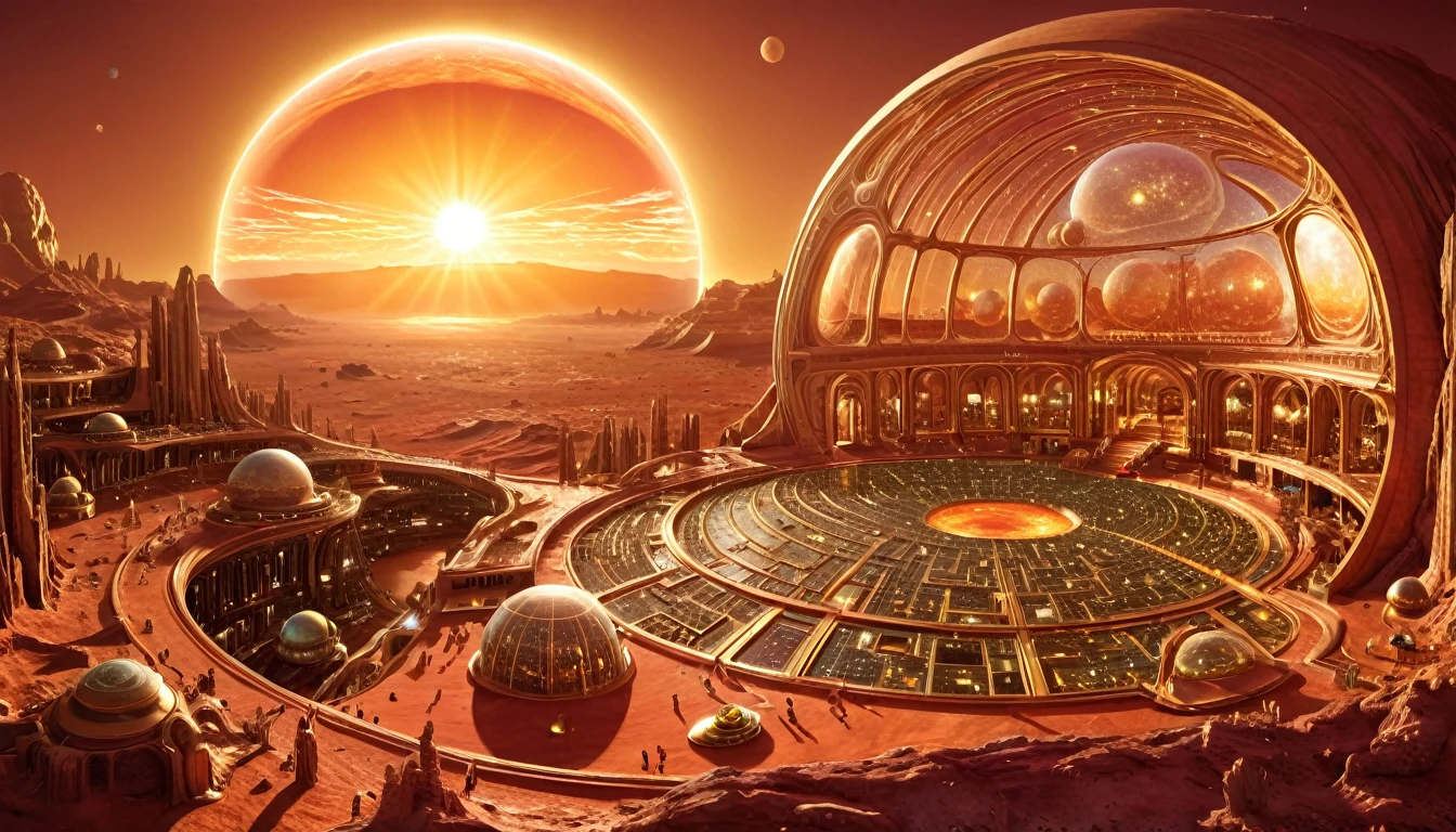create an image of a big, huge space port on the surface of a red planet, where the space ships have landed, and the sun is far far away, there is no air on this planet, everything is built inside a big dome that shine in gold and glass.