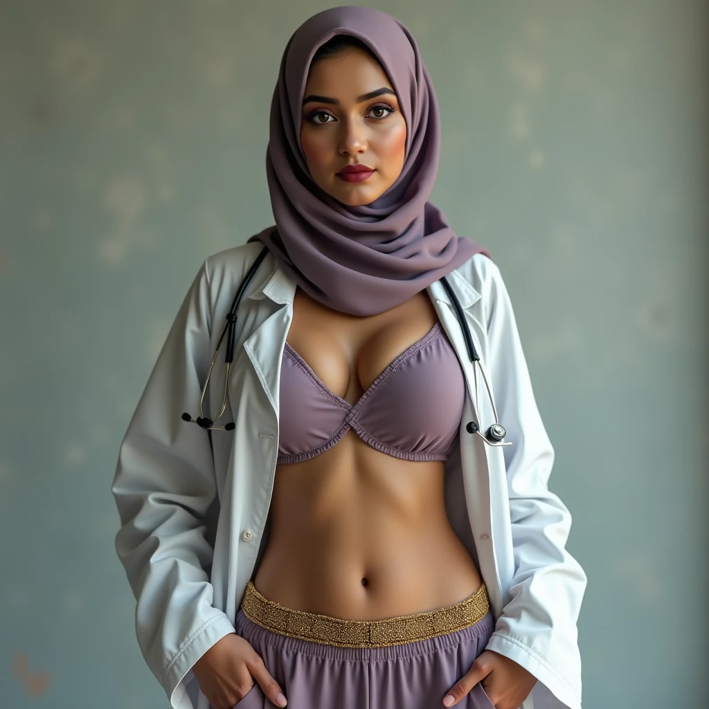 Sexy beautiful Busty Hot traditional Pakistani muslim Hijabi doctor. Navel visible sexy attire mixed of official dress and informal sexy wear. Thik gold Waist chain around her belly. Showing her Navel.