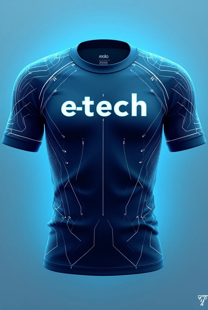 Create a sports shirt in gradient blue; put the name E-TECH on the chest in white font ; place connecting wires on the entire shirt