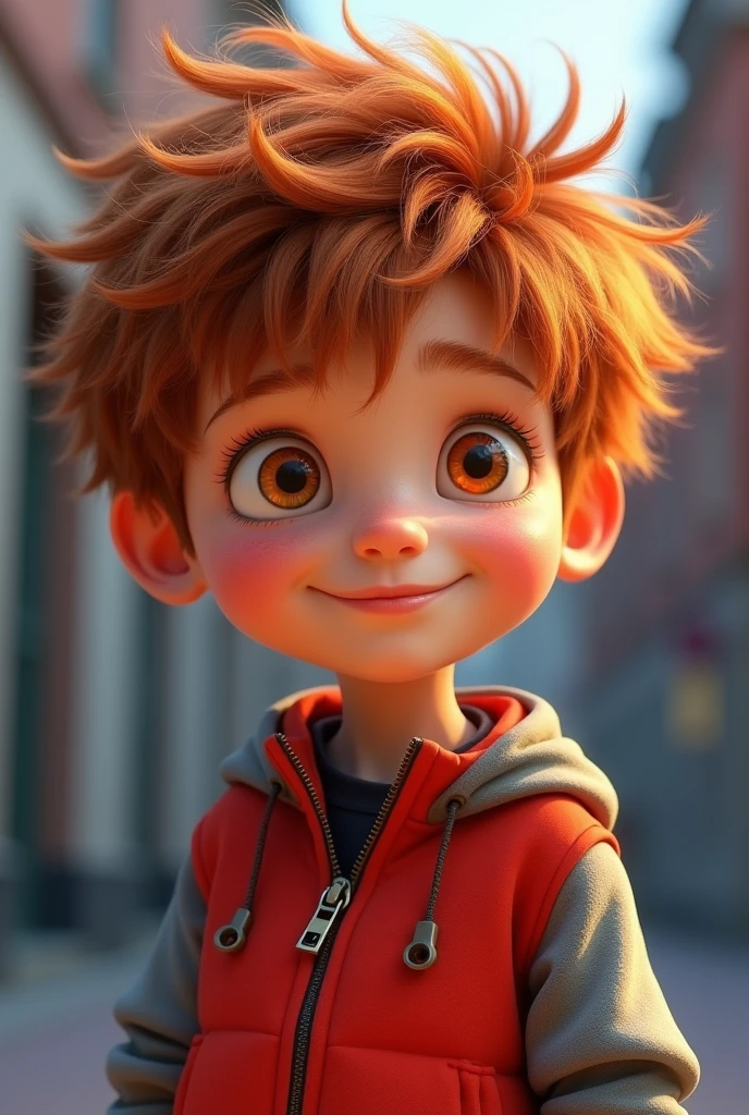 A boy with reddish brown messy hair, with orange eyes and a red jacket with grey sleeves, in the style of disney pixar 