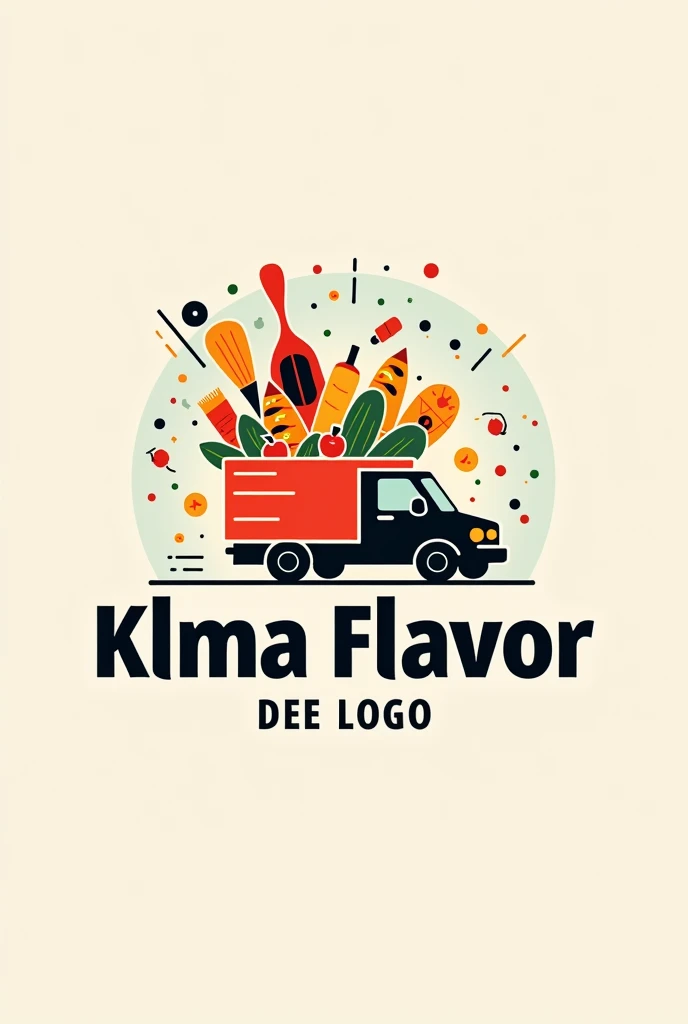 I have a food delivery company called KLMA Flavor, I need a logo with a truck with food coming out in Portuguese 