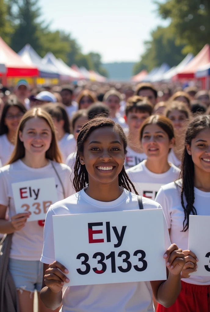 Create video of diverse people in white clothing holding signs with the name Ely and the number 33133 at a community fair