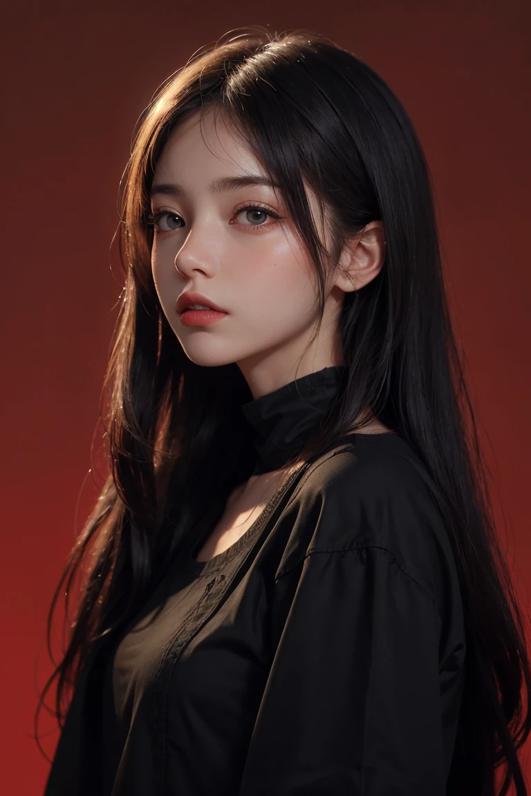 a 20 yo woman,long hair,dark theme, soothing tones, muted colors, high contrast, (natural skin texture, hyperrealism, soft light, sharp),red background,simple background,