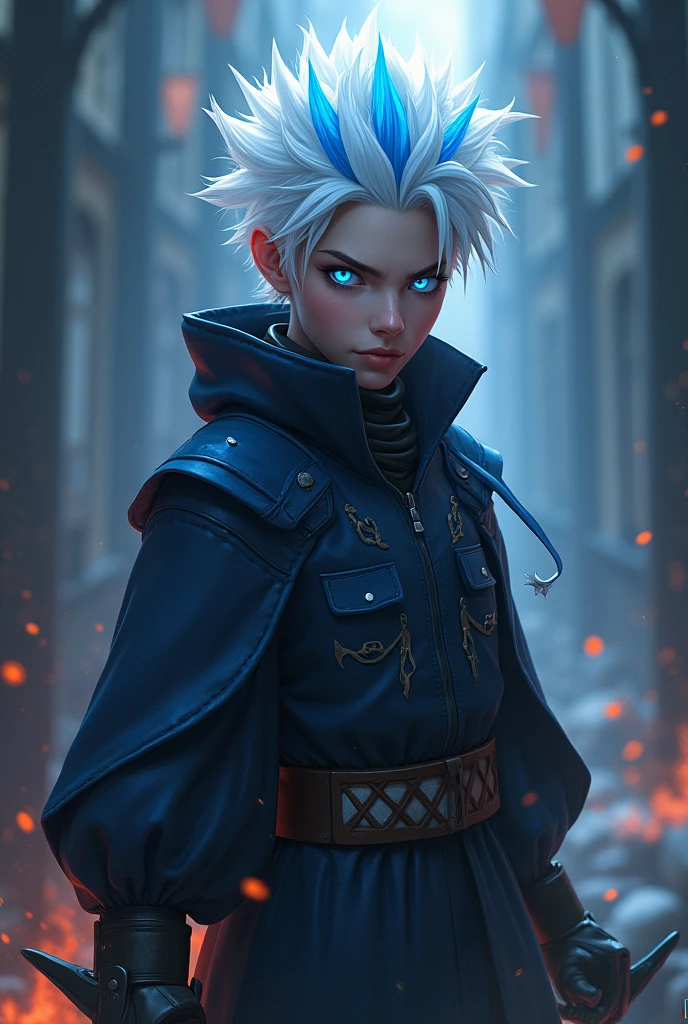 Demon slayer character with white hair and blue highlights wearing the demon slayer uniform