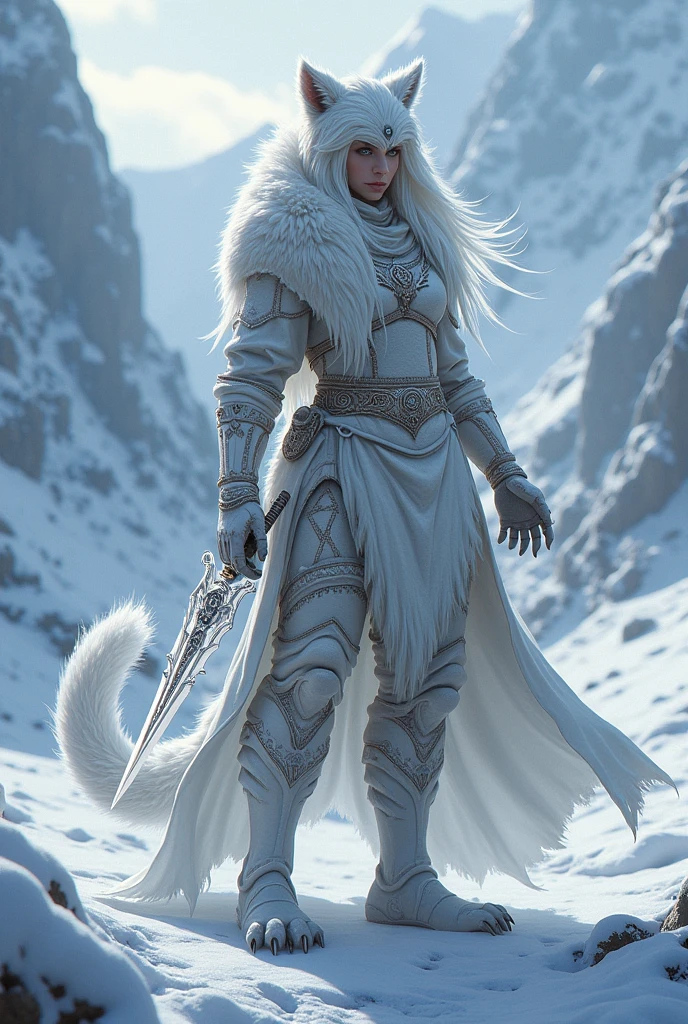 Female Snowtiger human warrior hybrid with magic dagger