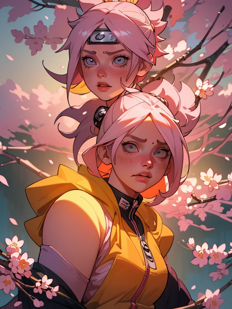 1girl, naruto uzumaki, sasuke, sakura, laughing, cherry blossoms, hoodie, detailed face, beautiful eyes, detailed lips, detailed skin, highly detailed, masterpiece, ultra-detailed, 8k, photorealistic, cinematic lighting, vibrant colors, dynamic pose, emotional expression, realistic fabric, intricate background, beautiful scenery