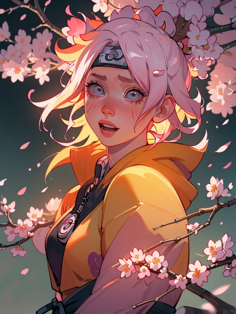 1girl, naruto uzumaki, sasuke, sakura, laughing, cherry blossoms, hoodie, detailed face, beautiful eyes, detailed lips, detailed skin, highly detailed, masterpiece, ultra-detailed, 8k, photorealistic, cinematic lighting, vibrant colors, dynamic pose, emotional expression, realistic fabric, intricate background, beautiful scenery