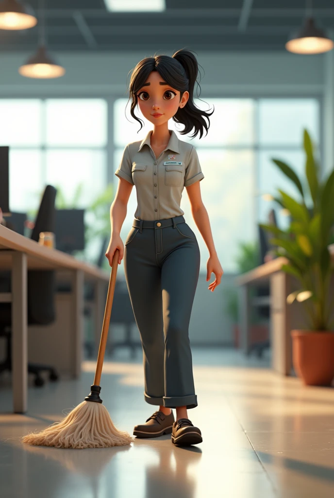 cleaning lady with black hair, in a company like cover of pixar