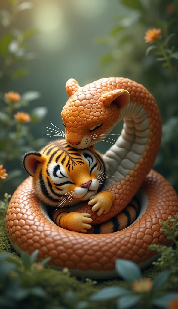 Scene 3: Squeaky snake comforts Tiny tiger
- Image prompt: Squeaky snake wrapped around Tiny tiger, keeping her warm and cozy. Tiny's eyes closed, looking calm and safe.