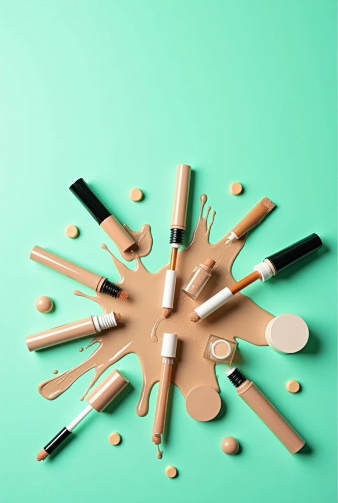 create image of makeup concealers being spilled with aqua green background