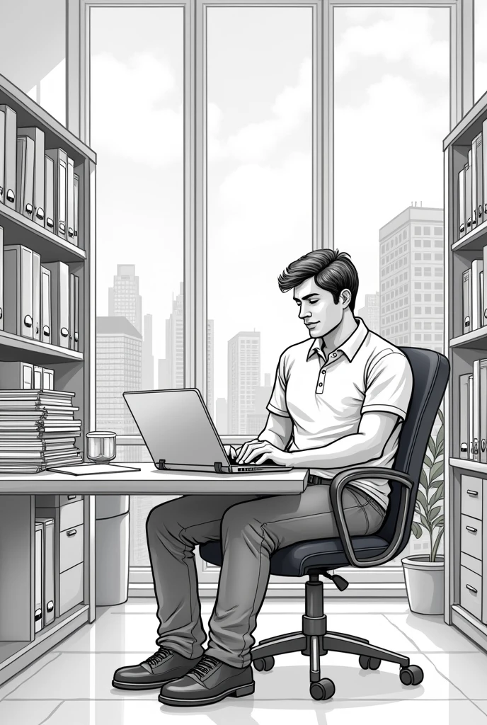 Coloring picture of a business administrator in a polo shirt and jeans, sitting at a desk with his laptop. In the back there is a window and file shelves