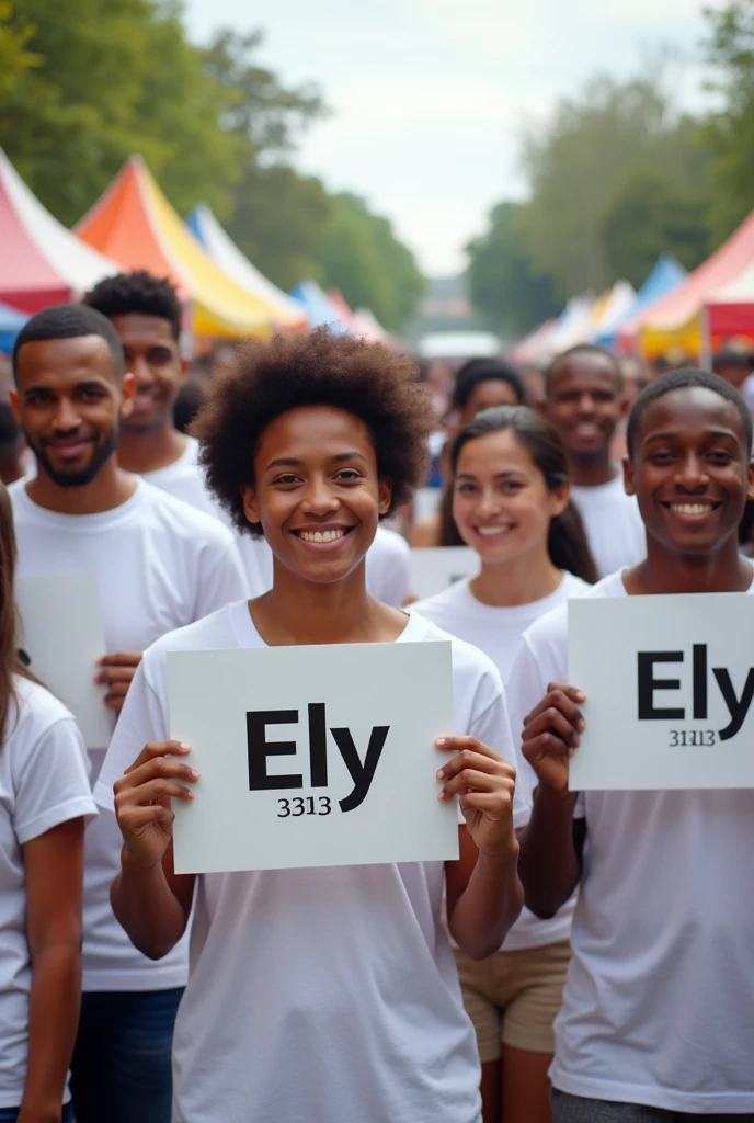 Create video of diverse people in white clothing holding signs with the name Ely and the number 33133 at a community fair