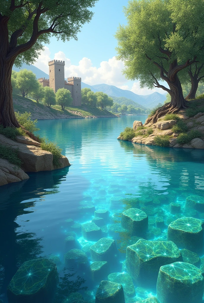 a crystal clear lake with jewels at the bottom, olive trees in the background and a fief behind