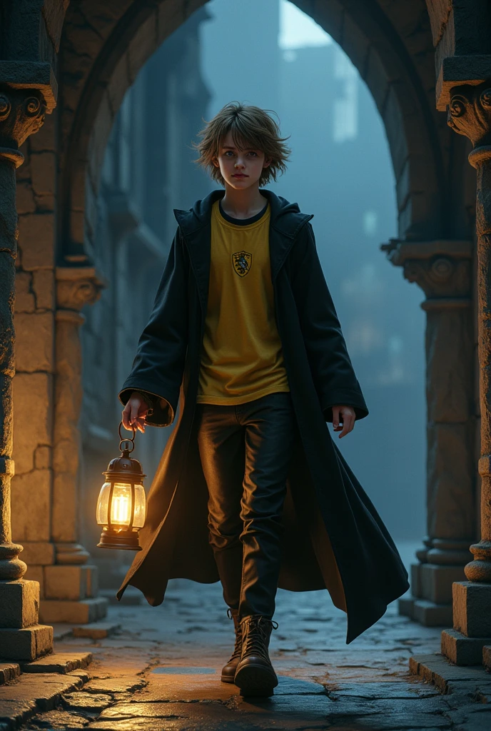 a ager with light brown hair, which are thick and of medium length, falling lightly on your forehead. His eyes are grey, giving it a deep and captivating look, which complements his charismatic appearance is tall and has an athletic build, Your posture is upright and confident, reflecting his fair and determined nature. He is walking inside a magical castle at night, with a wand in one hand and a lantern in the other, He is wearing Hufflepuff house clothes which have black and yellow colors on the clothing.
