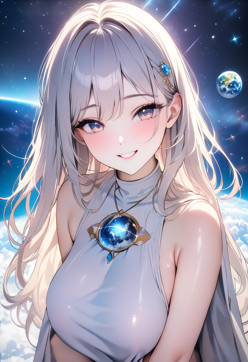 (((Highest quality, 8k, masterpiece: 1.3)), \(One woman, goddess, Wearing a thin cloth, Shiny Hair, smile, Embracing the Earth:1.2, universe space\)