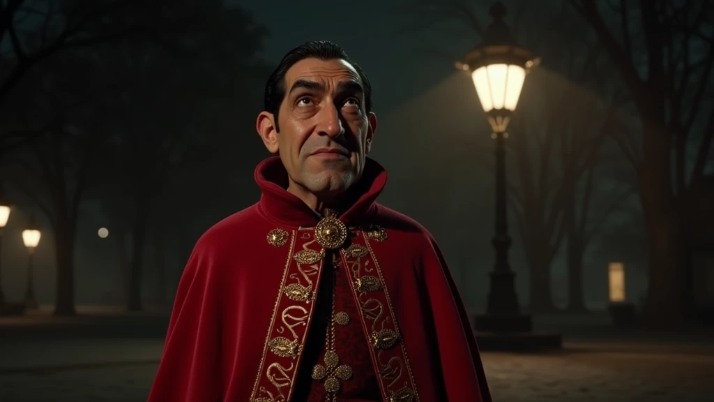 DVD screengrab, from 1967 film, photorealistic Lord Farquaad in a realistic manner, dressed in ornate red royal attire with a flowing cape. He has a square jaw, short stature, and a stern expression. Standing alone in a dimly lit park at night, the faint moonlight accentuates the rich texture of his clothing. His face should be clear and detailed, with a realistic human appearance. The overall style is a DVD screengrab, from 1982 grainy film, with low lighting. --ar 16:9