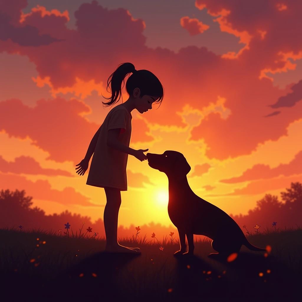 While watching the sunset、Silhouette of a ager standing next to a dachshund。She is stroking him gently。