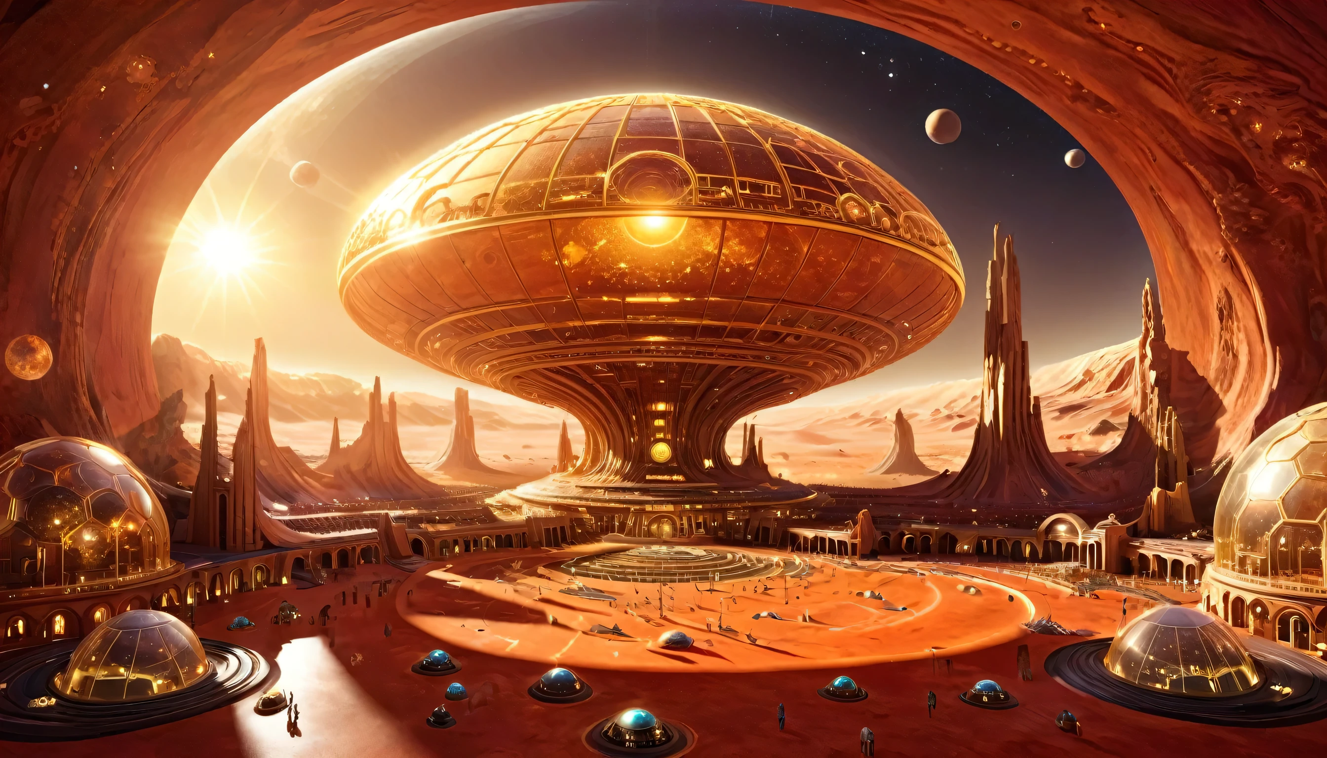 create an image of a big, huge space port on the surface of a red planet, where the space ships have landed, and the sun is far far away, there is no air on this planet, everything is built inside a big dome that shine in gold and glass.