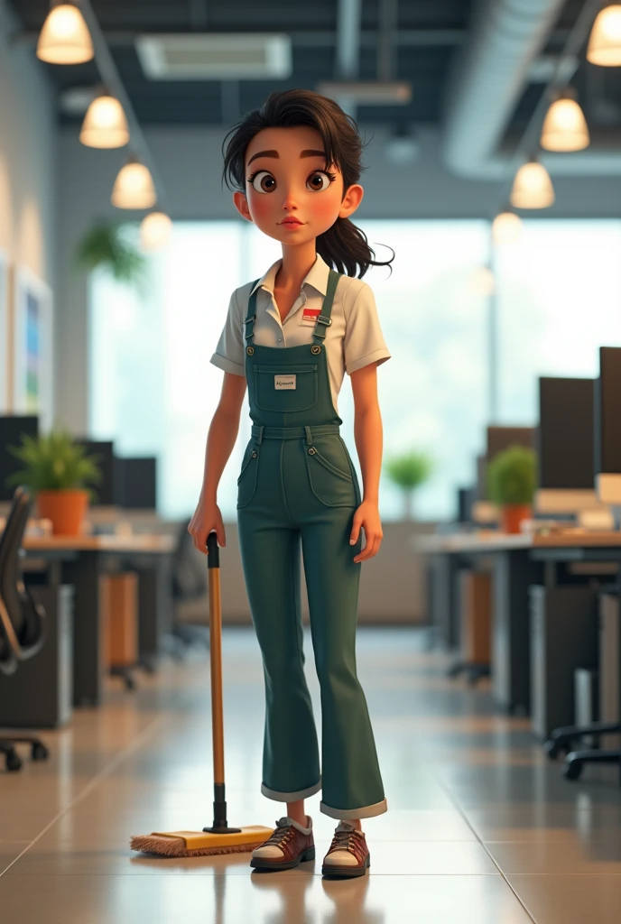 cleaning lady with black hair, in a company like cover of pixar